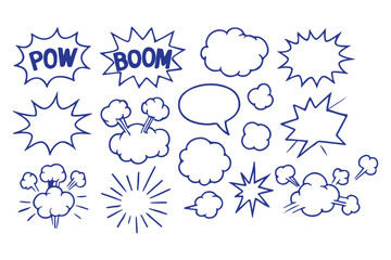Comic boom cartoon effect line element set. Comic speech bubble pow, boom text, explosive splash smoke, wow cartoon vector icon. Hand drawn sketch doodle explosive element. Vector illustration. EPS