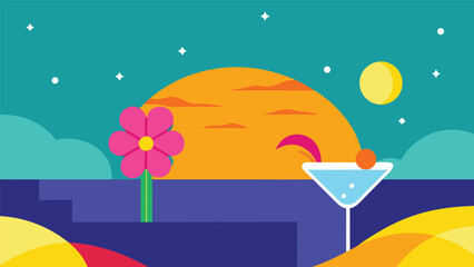 Tropical Sunset Scene with Flower and Cocktail beach ocean
