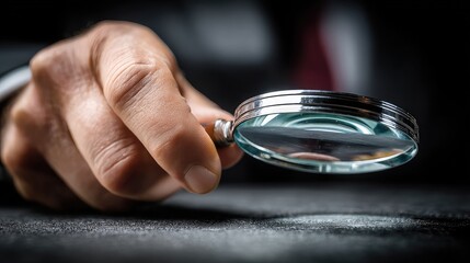 Close up of a hand holding a magnifying glass for detailed examination