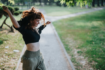 Young woman dances joyfully in a sunny, vibrant park setting. The lush green surroundings create a...