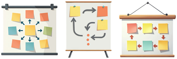 Three presentation boards with colorful sticky notes arranged in various layouts to illustrate ideas and processes.