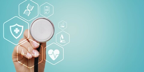 Healthcare, Health Monitoring, Medical Technology, EMR and EHR Illustrated on a Virtual Screen.
