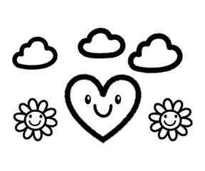 Happy heart cloud sun flower and smiley face doodle illustration
