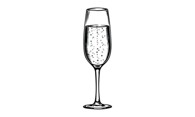 Elegant champagne flute with bubbles illustration. Vector retro hand drawn illustration