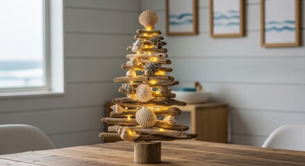 Rustic Beach Driftwood Christmas Tree Decoration with Lights and Seashells