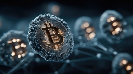 Abstract bitcoin cryptocurrency concept with network connections and glowing orbs
