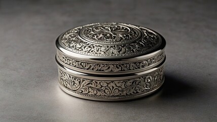 Exquisite antique silver engraved ornate jewelry box showcasing intricate detailed floral patterns and classic craftsmanship on a textured grey background