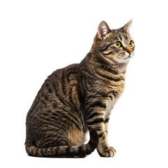 Sitting tabby cat looking up against a stark Transparent Background