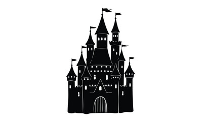 Obraz premium Silhouette of a majestic medieval castle with towers and flags. Vector retro hand drawn illustration