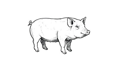 Fototapeta premium Detailed black and white illustration of a pig with curly tail. Vector retro hand drawn illustration