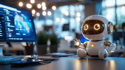 Friendly Robot at Modern Office Workplace A Futuristic Scene of Technology and Innovation