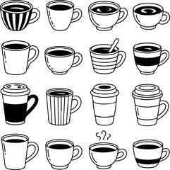 Playful Doodle Art Collection Featuring Various Coffee Cups and Mugs, Perfect for Children's Craft Projects, Creative Design Sets, and Whimsical Illustrations