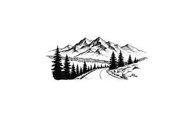 Black and white mountain landscape with pine trees and road illustration. Vector retro hand drawn illustration
