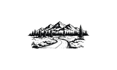 Fototapeta premium Scenic mountain landscape with winding road and pine trees in black and white drawing. Vector retro hand drawn illustration
