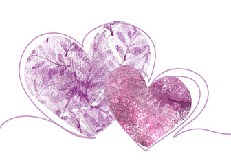A pair of pink watercolor hearts, unique creative design. Two hearts on a white background, elegant illustration, sticker in pastel colors