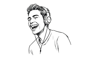 Young caucasian male listening to music with headphones and laughing. Vector retro hand drawn illustration