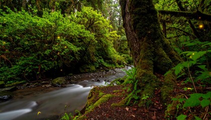 Lush forest creek with glowing insects