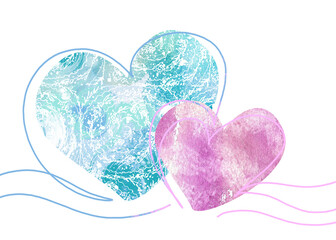 A pair of charming watercolor hearts, unique creative design. Two hearts on a white background, elegant illustration, sticker in pastel colors