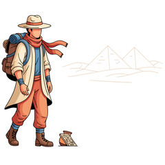 Desert pyramid explorer character.ai illustration of an archaeologist with a map and backpack, ready to explore ancient pyramids in the sand