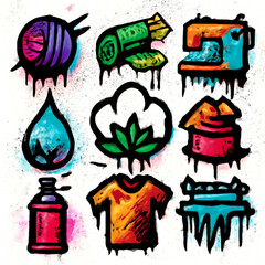 Graffiti Style Textile Engineering Icons Set | Yarn, Fabric, Apparel Vector Design