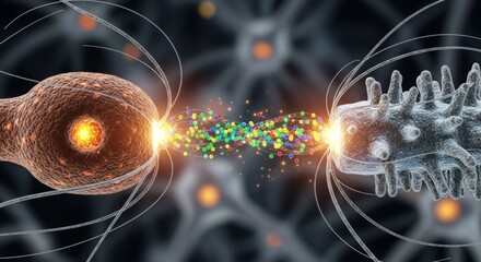  Microscopic view of two neurons with glowing synapses exchanging colorful data packets, symbolizing neural communication and advanced technology