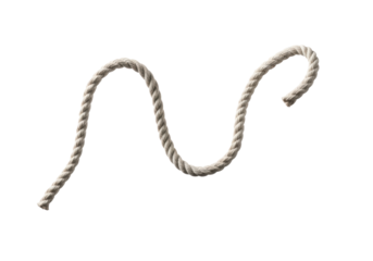 Thick unbleached cotton cord, light beige, with visible fibers, forming an abstract, unfurling loop, floating diagonally on a transparent background, serene minimalist art concept