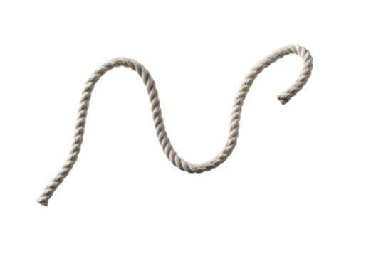 Thick unbleached cotton cord, light beige, with visible fibers, forming an abstract, unfurling loop, floating diagonally on a transparent background, serene minimalist art concept