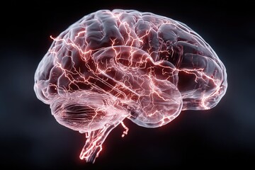 Human brain with electrical activity and glowing neural connections
