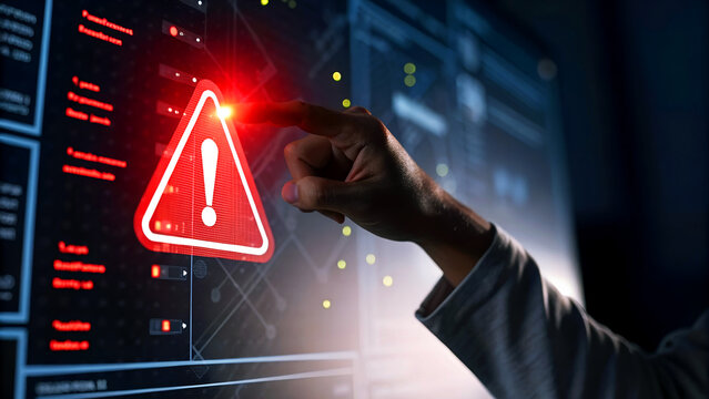 Urgent alert on digital screen signals cyber threat, hand points to critical warning symbol with glowing exclamation mark