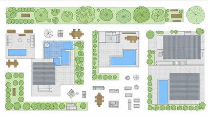 Top View Master Plan Elements | Trees, Furniture, Houses, Pools, Bushes, and Tiles for Architectural Design