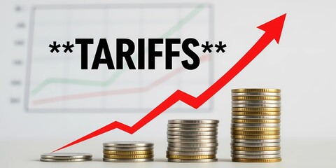 Economic tariffs concept, with rising coin stacks and an upward arrow, indicating growth transparent background