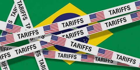 Brazil flag background with the US flag ribbon that has a tariff wording represents a trade war concept. transparent background