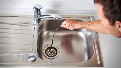 A hand uses a plumbing snake to clear a clogged drain in a white sink, illustrating home maintenance, repair, and problem-solving. Ideal for DIY, plumbing services, and household repair concepts.