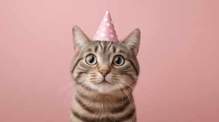 Obraz premium Adorable tabby cat wearing a festive pink party hat against a soft pink background, perfect for celebrating birthdays and special occasions
