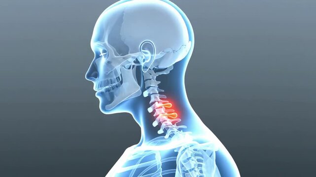 Medical 3D X-ray Animation Showing Human Cervical Spine Pain and Neck Injury with Red Inflammation Highlight