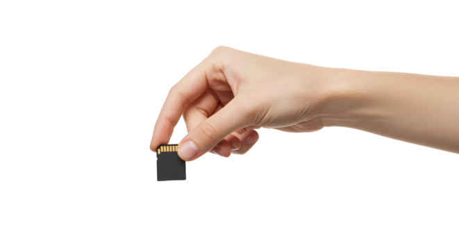 Holding small memory card in hand against a Transparent Background