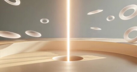 At sequence start, emerging vertical beam of light rising from circular platform, rings orbiting - Powered by Adobe