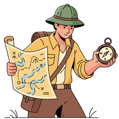 Treasure map hunter explorer character with a compass and a rolled map, ready for adventure in this stylized flat vector illustration