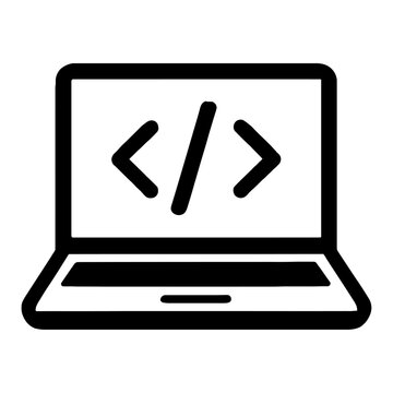 Modern digital coding and software development icon, featuring a laptop with the iconic angle bracket symbol, representing web programming, application creation, IT solutions, and computer science for