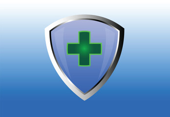 Protective shield icon featuring a green medical cross symbol on a blue background, representing healthcare, safety, and medical protection