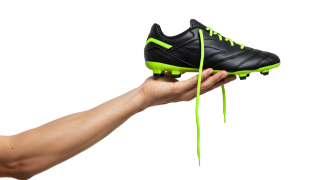 Holding a Football Boot on Hand Against Transparent Background