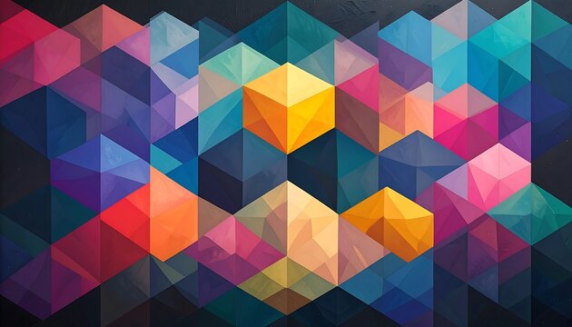 Abstract geometric pattern with overlapping cubes and triangles in vibrant colors on a dark background - Powered by Adobe