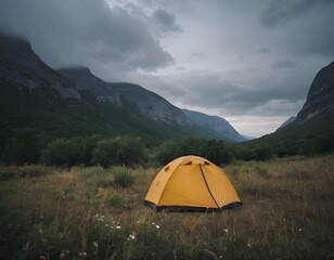 Outdoor camping photo. tent in the middle of nature, beautiful landscape. natural, protected area., tent camping in the mountains, camping in the mountains