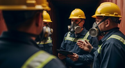 Group of workers wearing hard hats and gas masks discussing plans using a tablet device inside