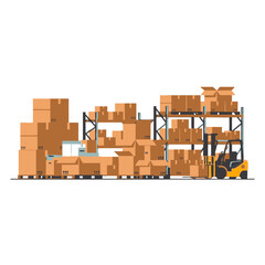Forklift Moving Boxes in a Storage Facility with Shelving Units