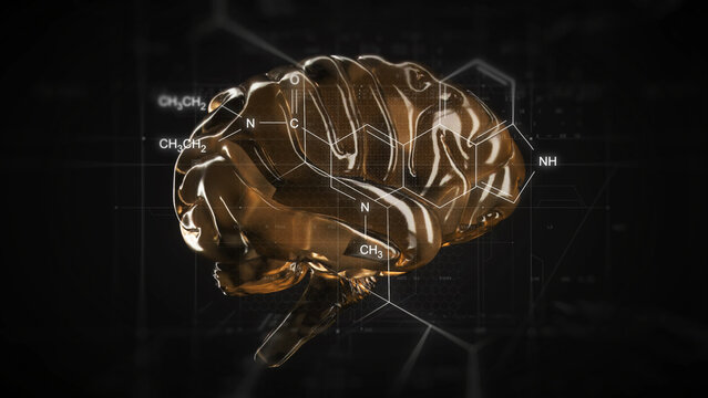 Golden Brain Model Surrounded by Chemical Structures Futuristic Intersection of Neuroscience and Chemistry on Dark Scientific Canvas
