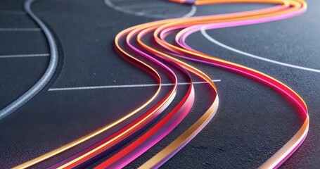 Glowing neon ribbons appearing on dark ground with white lines, pulsing and tracing colorful trails - Powered by Adobe