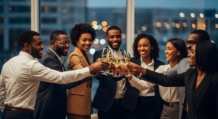 A group of diverse business professionals toasting with champagne in an office setting at night