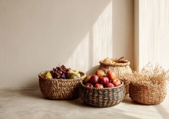 Seasonal Autumn Fruits and Vegetables in Woven Baskets. Minimalist Food Photography with Natural Light. Cabbage, apples, kale, pumpkins seasonal harvest