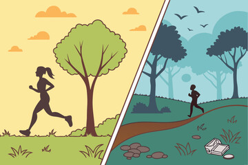 Conceptual illustration contrasting clean environment with polluted nature